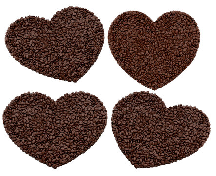 Set of colorful coffee cups on heart-shaped piles of coffee beans, isolated on white background. Concept of love for coffee and flavo