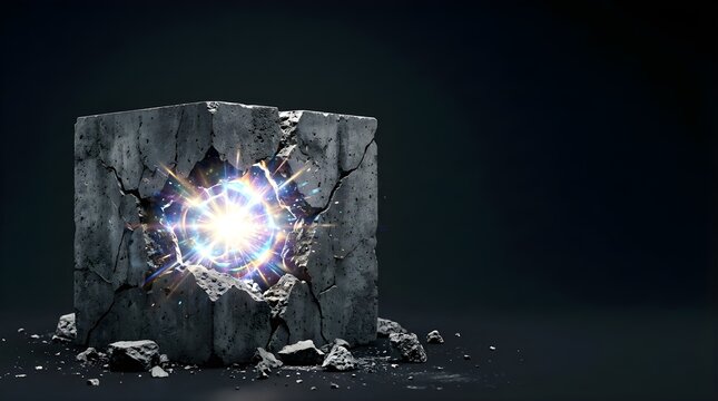 Exploding concrete cube with glowing energy core on dark background