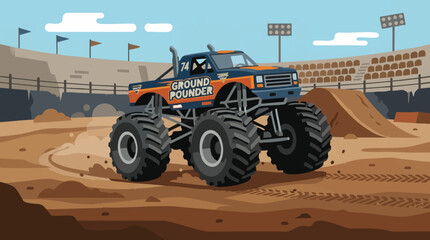 Monster truck racing on a dirt track in a stadium, vector illustration © Stocklab