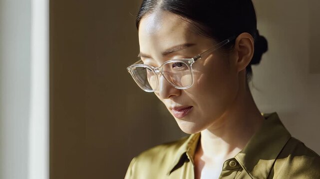 Focused professional woman with glasses looking down in softly lit indoor environment