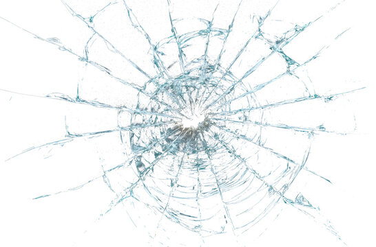 Radial impact damage on shattered glass with central hole, realistic broken screen crack effect isolated on transparent background for photo editing, poster design, action scene or graphic resource.