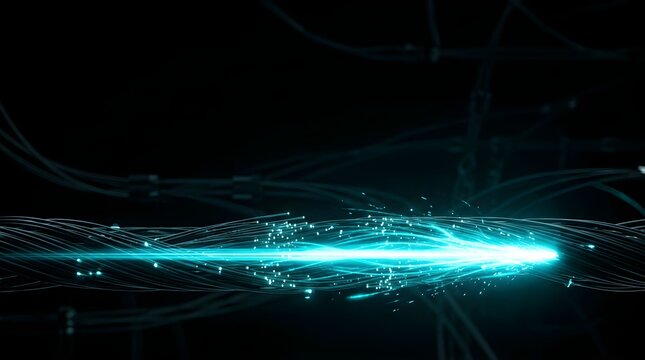 Glowing blue fiber optic cable transmitting data stream in dark background