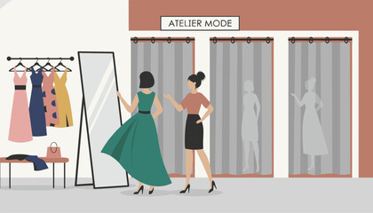 Obraz premium Two female friends choosing dresses in a fashion atelier fitting room with three cabins and a full length mirror.