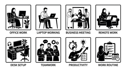 Fototapeta premium Office Work Icons and Professional Activity Illustrations