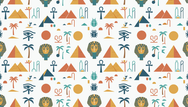 Beautiful ancient Egypt seamless pattern with pyramids, pharaoh head, palm trees, scarab beetles, and Hieroglyphs.