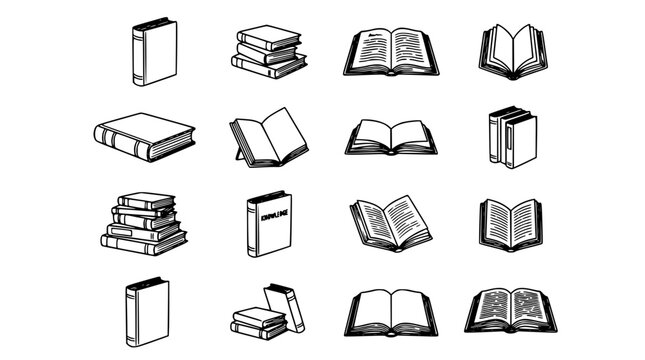 Books and Book Stacks in Various Styles and Orientations, Including Open and Closed Designs Featuring Stack, Reading, Literature