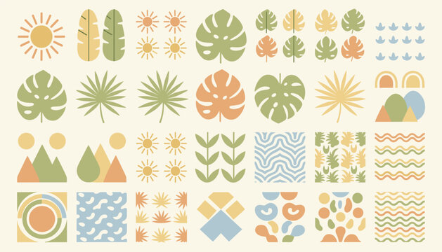 Big collection of bohemian abstract tropical elements featuring monstera leaves, suns, mountains, and waves.
