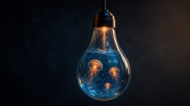 Surreal concept shot of a glowing transparent glass lightbulb hanging on a cord, containing a miniature ocean ecosystem with glowing orange jellyfish inside.