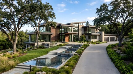 Fototapeta premium Modern Luxury Mansion with Infinity Pool and Lush Landscaping.