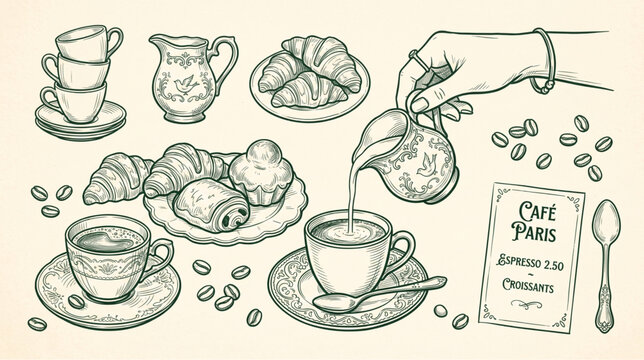 Vintage hand drawn line art illustration of a hand pouring milk into a coffee cup, espresso cups, croissants, coffee beans, and a Parisian cafe menu