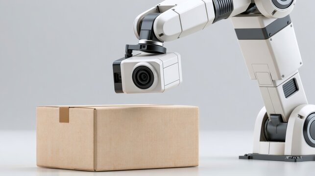 Robotic picking system Robotic arm with camera inspecting a cardboard box on a clean surface against a neutral background.