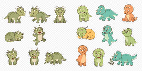 Set of cute cartoon triceratops dinosaurs in various poses and colors, isolated on transparent background, perfect for children's designs and educational materials. © Akun