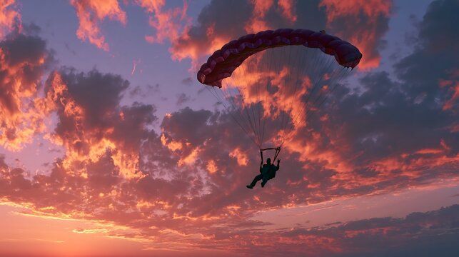 A person paraglides through a vibrant sky during a breathtaking sunset