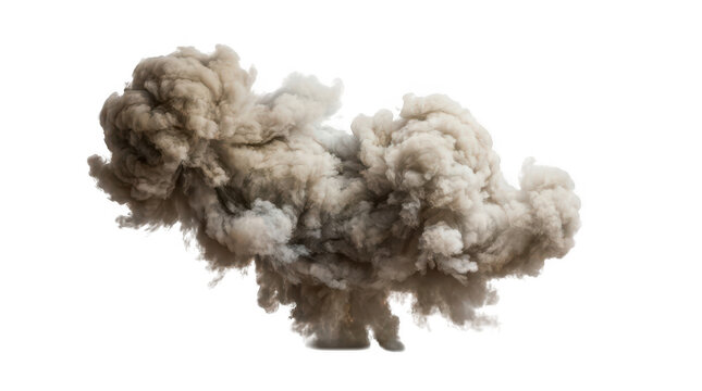 Dense billowing clouds of light brown and grey smoke erupting outwards on a white background transparent background
