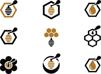 Natural honey sale symbols, organic bee product icons, honey jar, honeycomb and nectar elements for food branding, packaging and retail marketing. © Crown Stock Hub