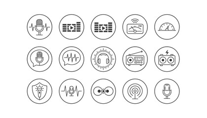 Fototapeta premium Fifteen podcast and audio thin line icons are displayed in circular borders over a clean white background.