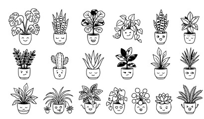 Cute Hand Drawn Indoor Houseplants Doodle Vector Collection with Potted Tropical Plants Isolated on White Background © Md