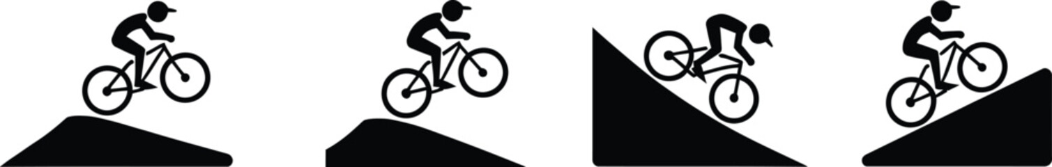 Obraz premium Mountain bike vector icons, cyclist performing jumps, downhill cycling and BMX style stunt symbols for sports branding, trails and adventure graphics.