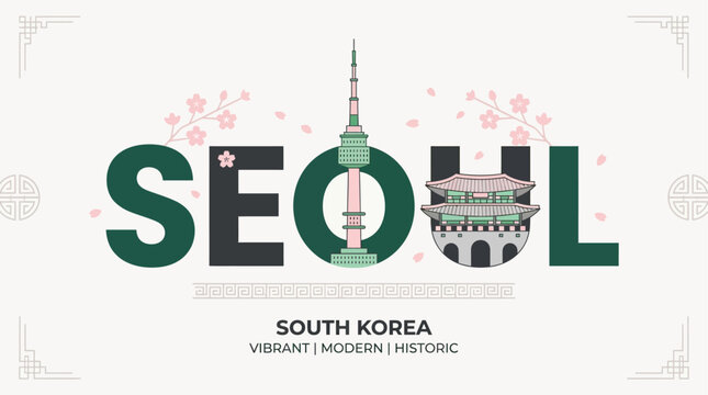 A striking flat design vector illustration showcasing 'SEOUL' typography, artfully combined with minimalist icons of traditional food and clothes This modern 2D graphic represents South Korea's capita