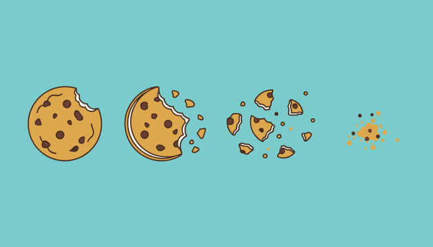 Four sequential steps of a chocolate chip cookie being eaten until only tiny crumbs remain on blue background.