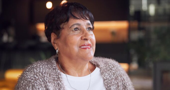 Smile, thinking and senior woman in home with positive thoughts, perspective and remember past memory. Retirement, reflection and happy person at apartment, introspection and hope with vision