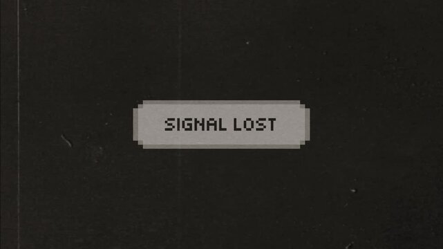 Retro signal lost glitch display on grainy dark background with pixelated font for analog television screen error message effect and vintage aesthetics