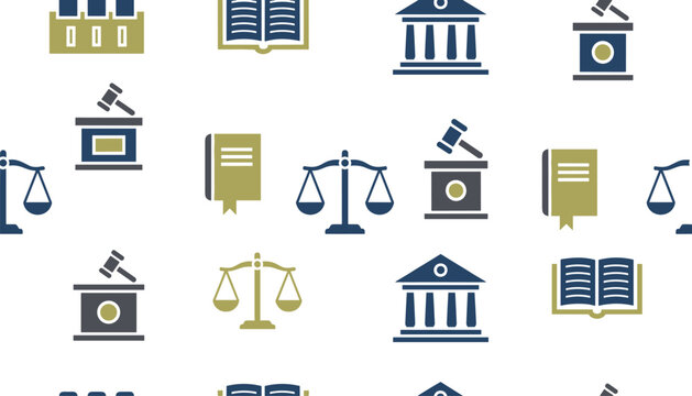 Seamless law and justice pattern displays court scales, gavels, books, and courthouse icons on a white background.