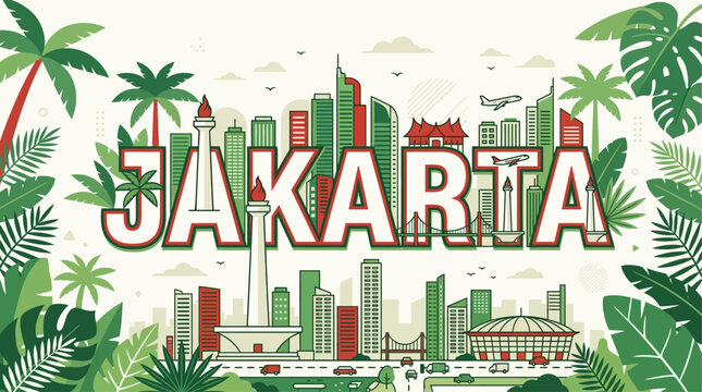 A bold flat design vector illustration presenting 'JAKARTA' typography, cleverly integrated with minimalist icons of the Monumen Nasional (Monas) and modern high-rises. 