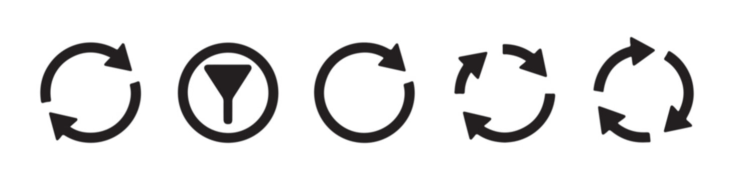 Collection of circular arrows and funnel icon isolated on transparent background for web navigation.