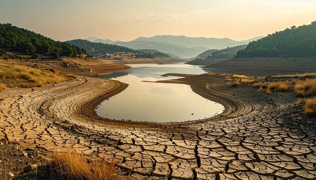 A shrinking reservoir reveals cracked, exposed lakebed surrounded by forested mountains, illustrating the devastating impact of prolonged drought.