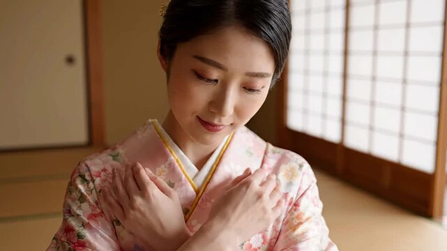 Japanese woman in traditional floral kimono applying skincare moisturizer to her skin in a peaceful ryokan room with soft natural light for beauty and wellness