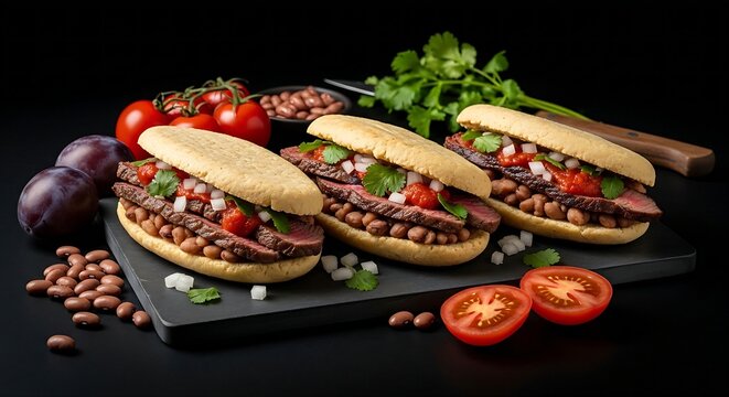  thick, oblong Huaraches placed on a dark stone slab. The sandal-shaped masa dough bases are stuffed with smashed pinto beans, fried until crisp, and layered with tender grilled carne asada steak stri