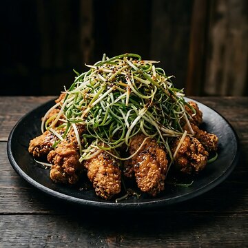 Padak (파닭): Crispy fried chicken wings smothered in a mountain of thinly shredded fresh scallions and a tangy mustard-soy dressing