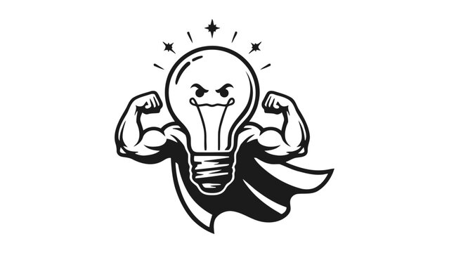 Muscular light bulb character wearing a cape flexing strong arms with stars symbolizing ideas