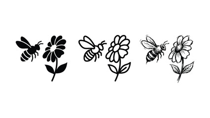Collection of three different bee and flower illustrations in various artistic styles © Saddam StudioX