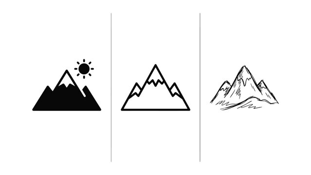 Collection of three distinct mountain range icons and illustrations symbolizing nature and adventure