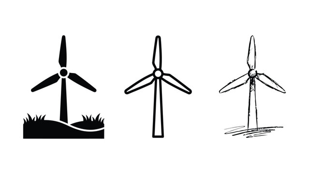 Collection of three distinct wind turbine illustrations representing clean energy generation concepts