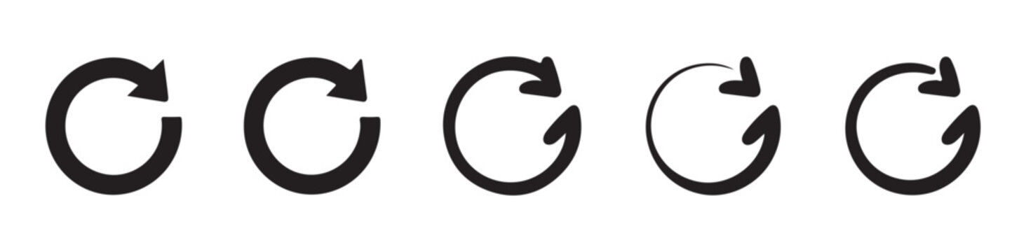 Refresh and reload arrow icon set in black color, arrows showing rotation, reset or circular motion.