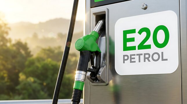 Green petrol nozzle at gas station with e20 petrol sign in bright sunlight next to lush green trees and hills in background.
