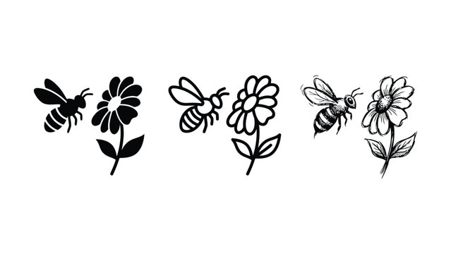 Collection of three different bee and flower illustrations in various artistic styles