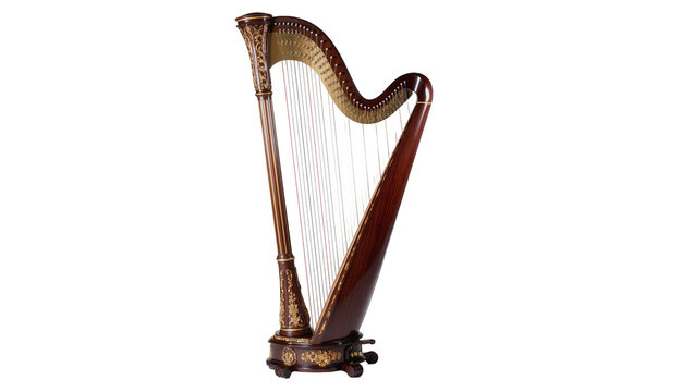 Ornate dark wood harp with gold accents, isolated on transparent background