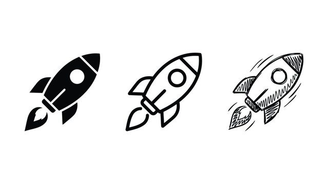 Three different artistic representations of a stylized rocket ship launching with trailing flames