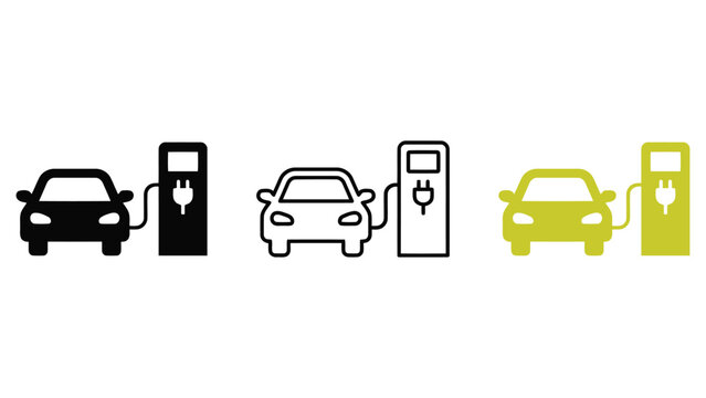 Electric car charging station icon set representing vehicle power replenishment and ecofriendly transportation