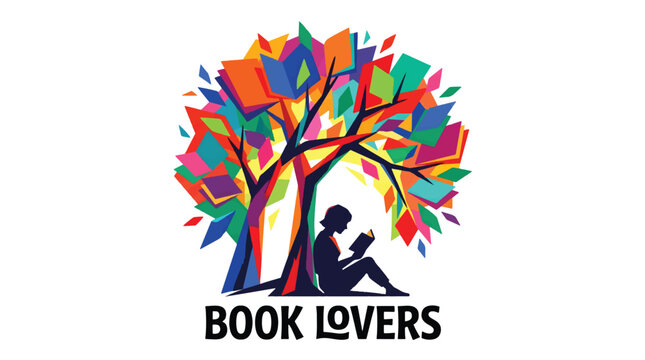Book Lovers Sitting Under a Colorful Abstract Tree Reading a Book