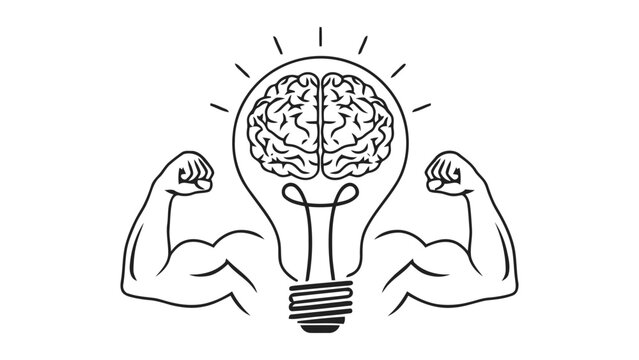 Symbol of strong mental power and bright idea represented by a flexing arm lightbulb with brain