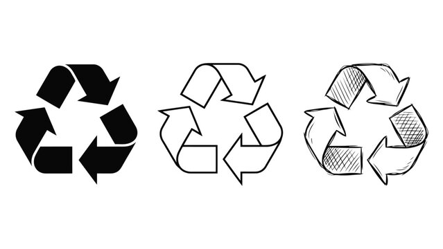 Three distinct styles of the universal recycling symbol with arrows in a circular arrangement
