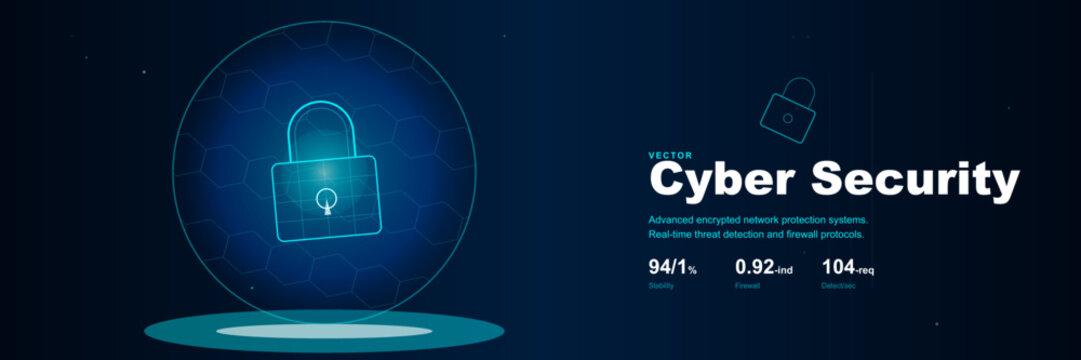 Cyber security dashboard with padlock icon and threat detection metrics