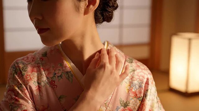 Skincare concept with a young Japanese woman in traditional kimono applying lotion to her neck to maintain hydration and glowing beauty in a tranquil interior room