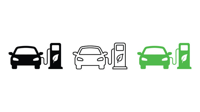 Three different icon styles depicting an electric car charging at a green energy station with leaf symbol