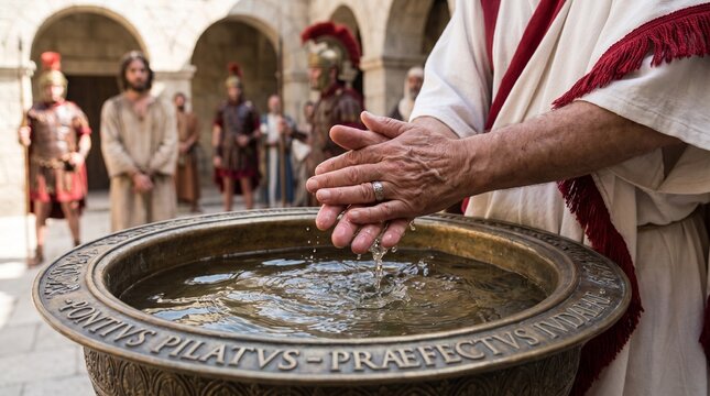 Pontius Pilate washes his hands over an engraved bronze bowl as Jesus Christ stands bound in the background, representing the biblical scene of Pilate washing his hands.
